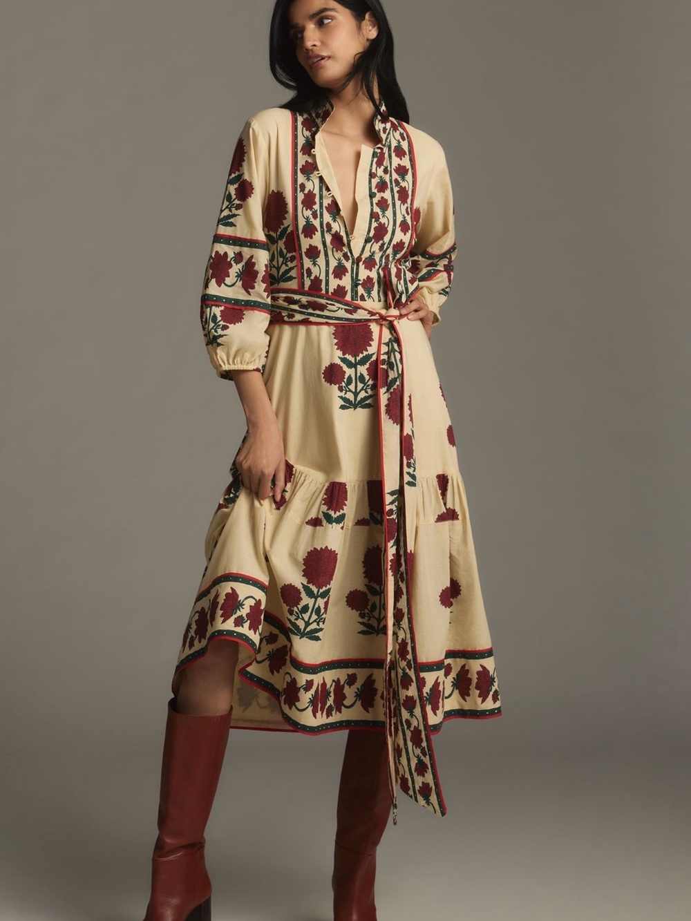Anthropologie Sue Sartor Long-Sleeve Flounce Midi Dress M